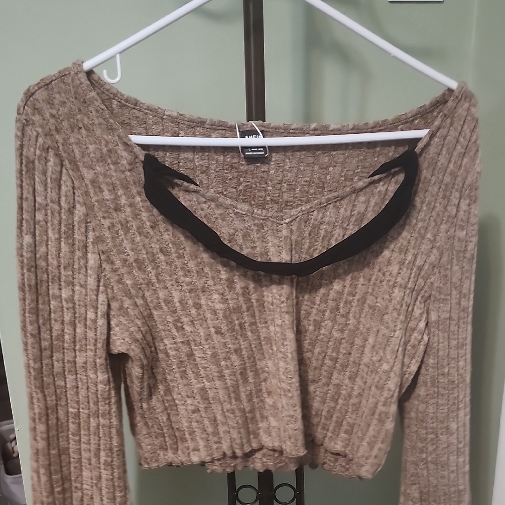SHEIN Ribbed Knit Crop Top - Brown and Black